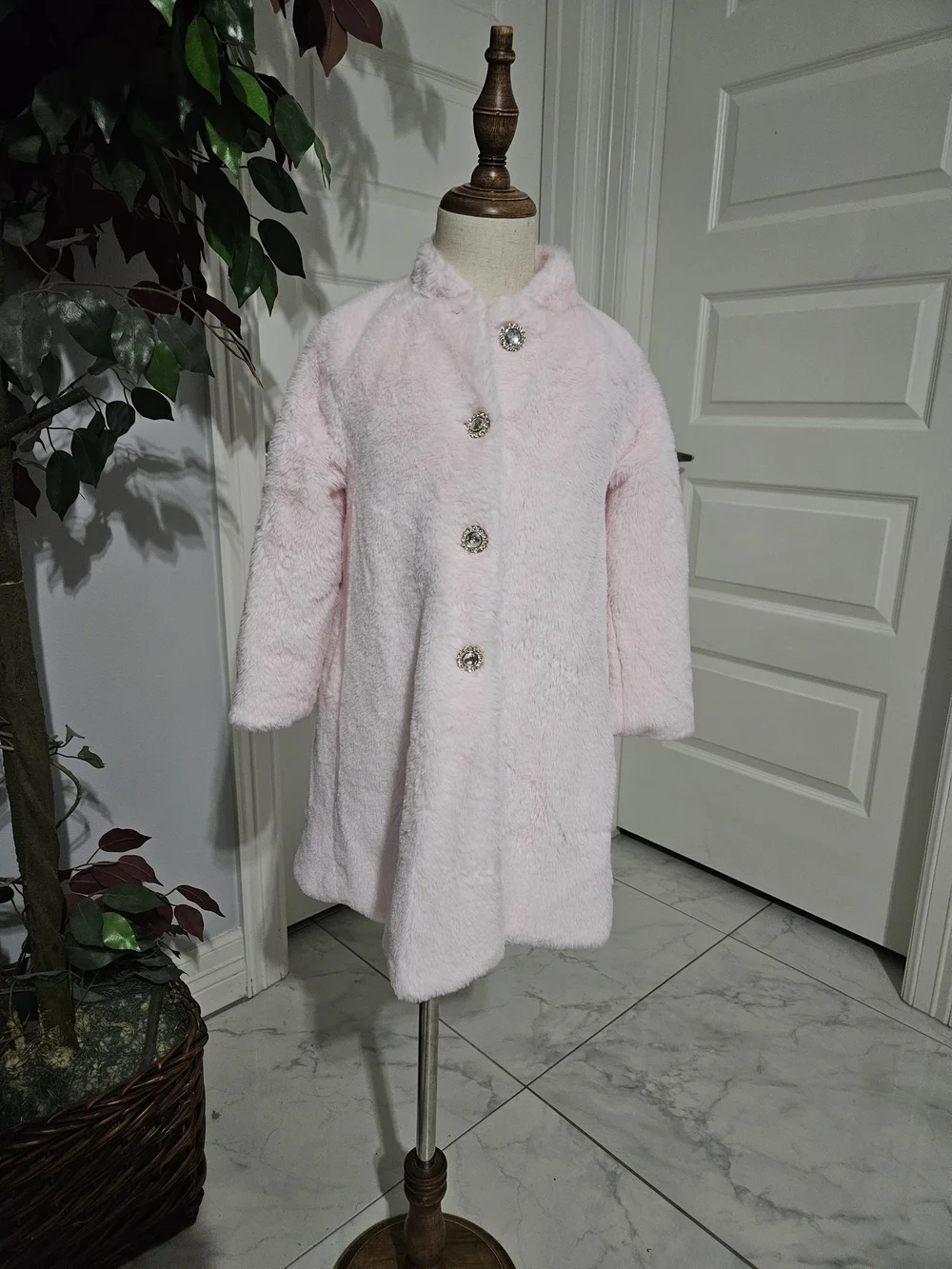 Blueberi Boulevard Light Pink Faux-Fur Girls' Coat with Decorative Buttons
